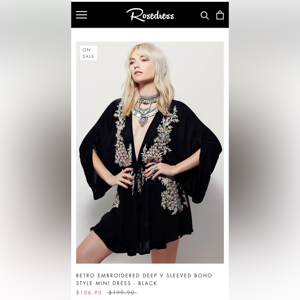 Retro embroidered deep V boho dress from rose dress.